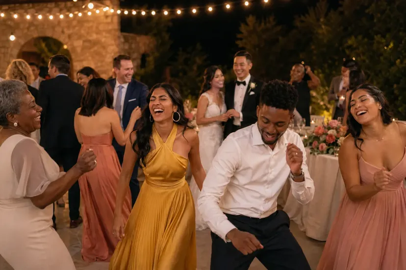 Guests dancing at a warm and lively wedding reception