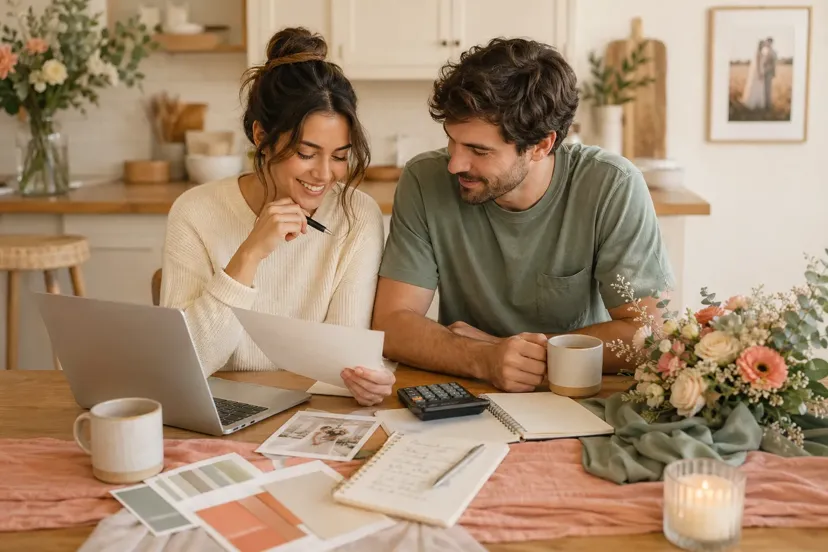 Couple reviewing a small wedding budget at a kitchen table