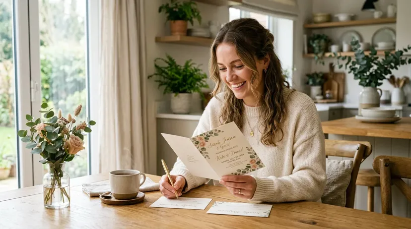 Wedding guest smiling while reading an invitation card and writing a reply at a kitchen table