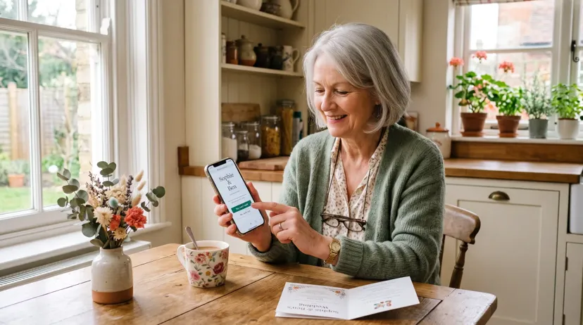 Older wedding guest RSVPing on her phone at a kitchen table beside a paper invitation