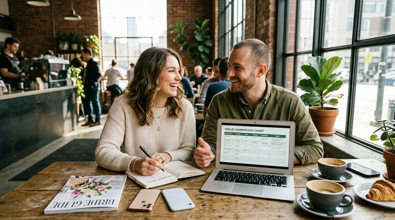 Couple at a cafe comparing wedding planning platforms on a laptop with comparison chart
