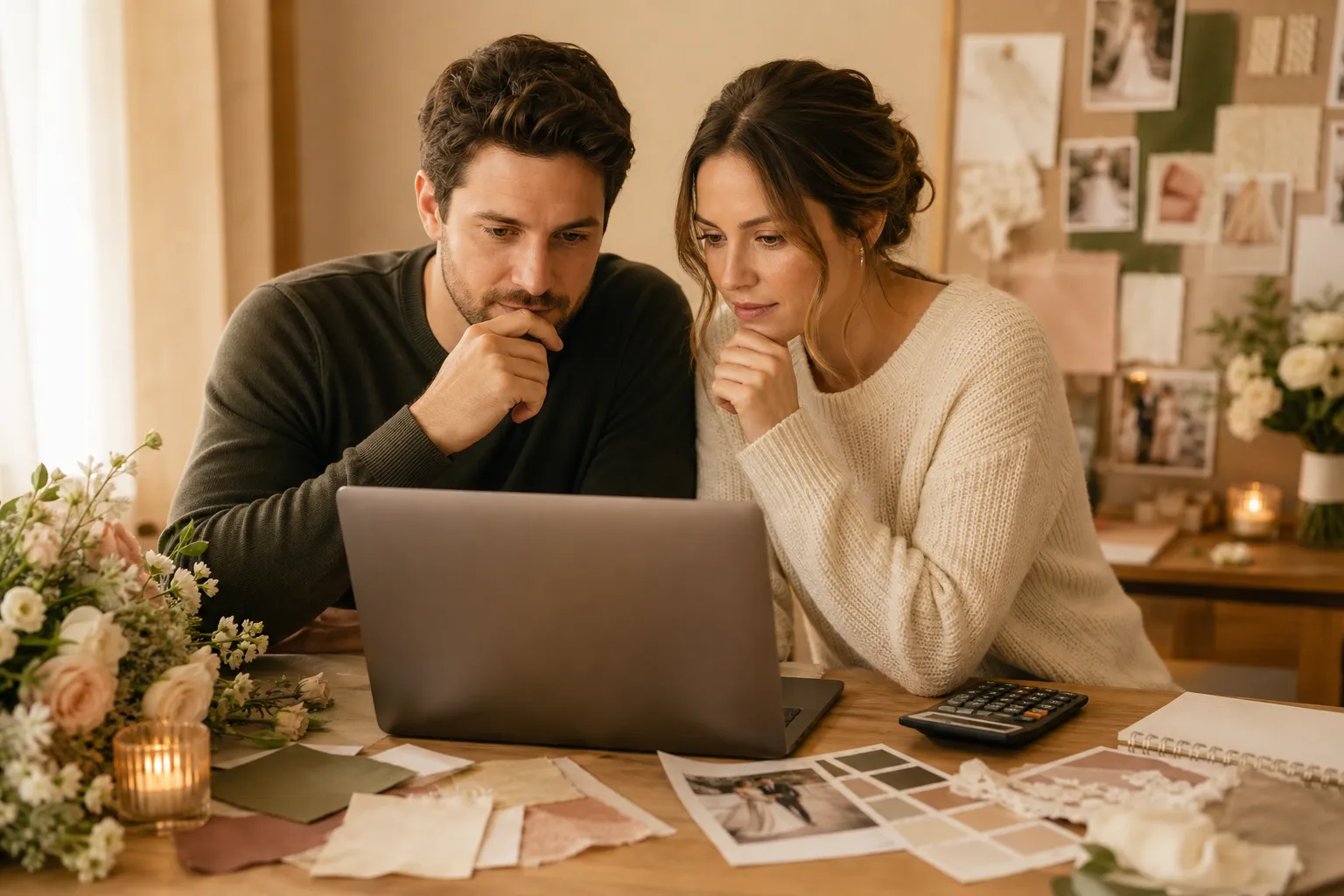 Couple reviewing a wedding budget spreadsheet with vendor invoices