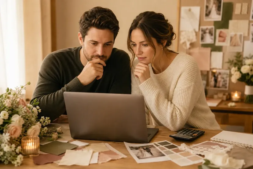 Couple reviewing a wedding budget spreadsheet with vendor invoices