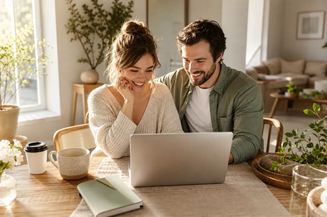 Affordable wedding planning tools shown on a laptop with a couple reviewing their budget