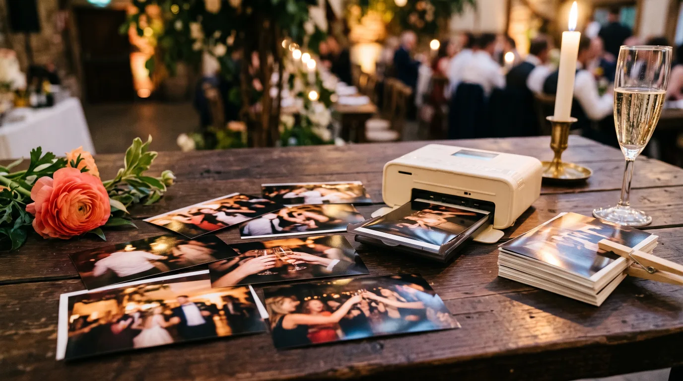 Printed wedding photos spread on a table beside a compact photo print station at a reception