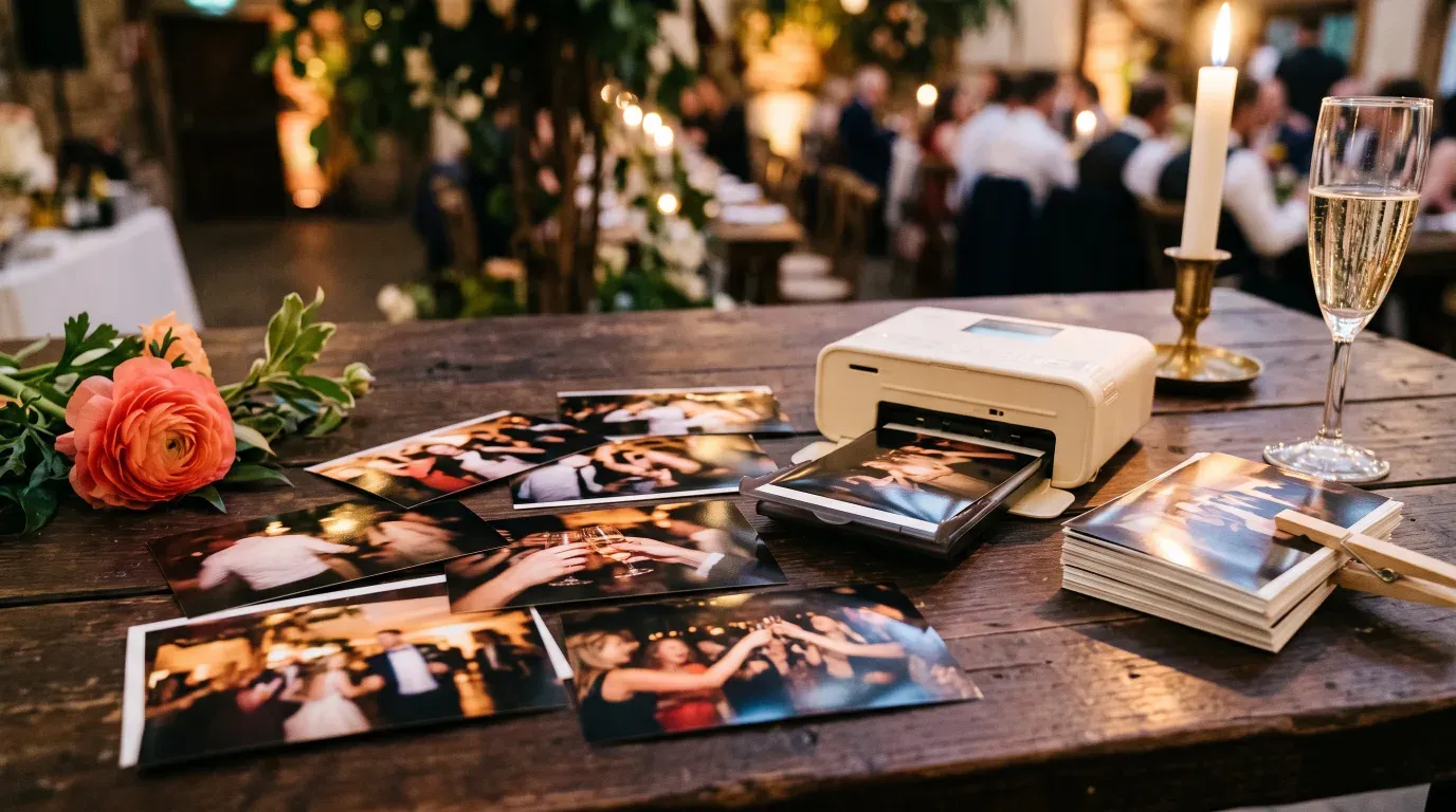 Printed wedding photos spread on a table beside a compact photo print station at a reception
