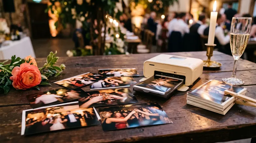 Printed wedding photos spread on a table beside a compact photo print station at a reception