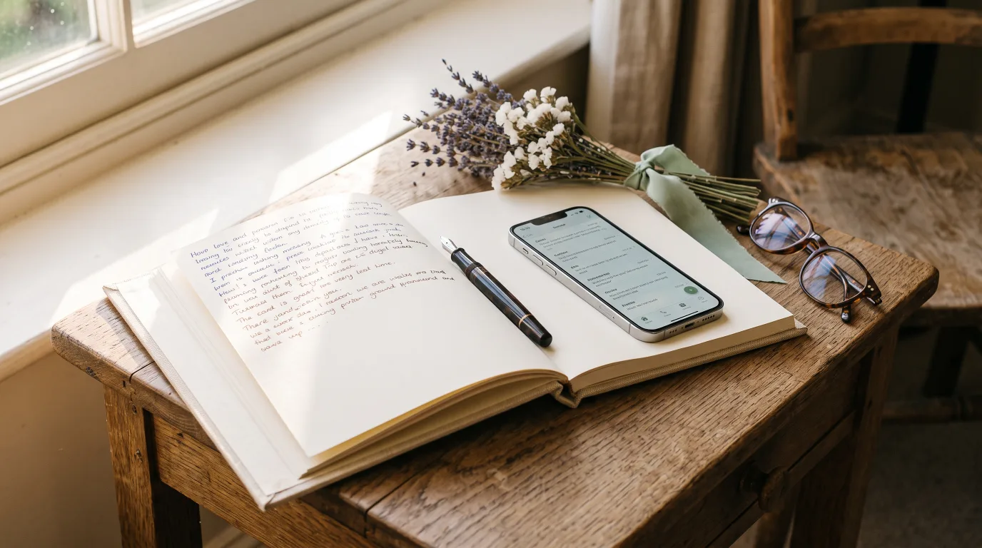 A paper wedding guest book left half empty beside a phone showing digital wishes