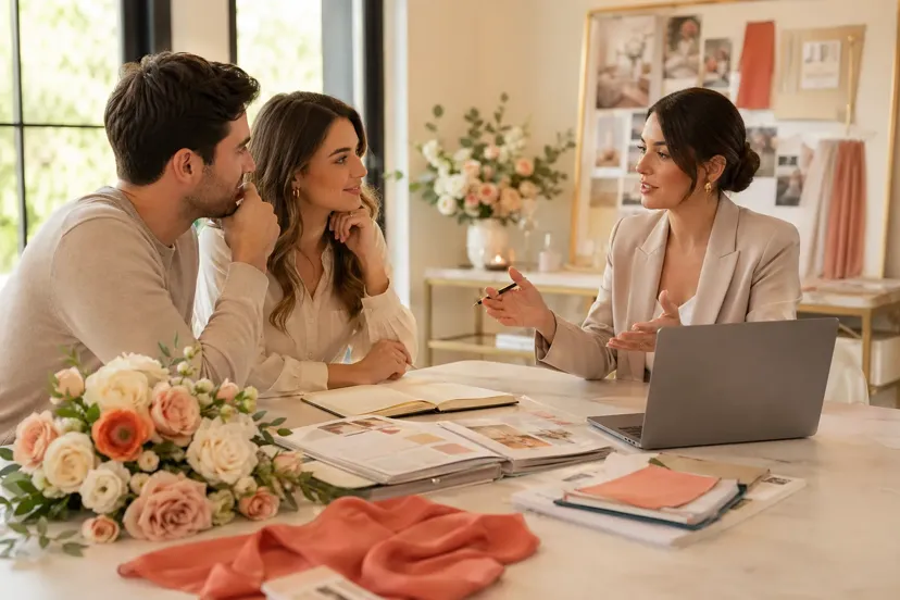 Couple interviewing a wedding planner with notes and laptop
