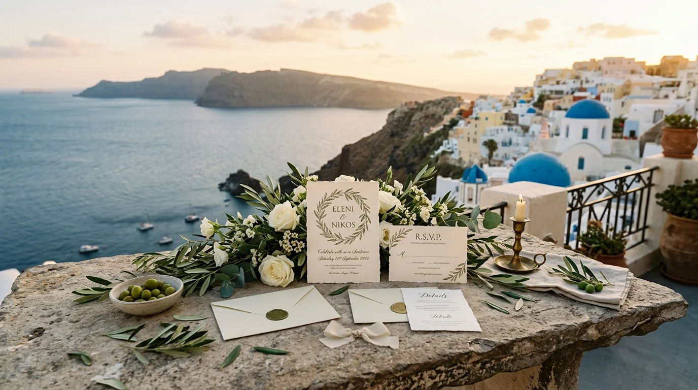 Γαμήλιο προσκλητήριο με κάρτα RSVP, ελαιόκλαδα και θέα Σαντορίνης