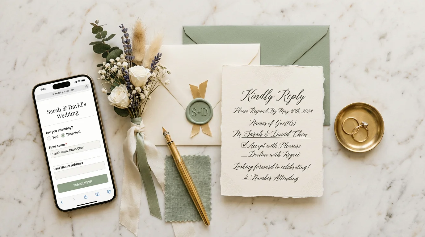 Wedding RSVP stationery flat-lay with reply cards, pen, flowers, and digital RSVP form on phone