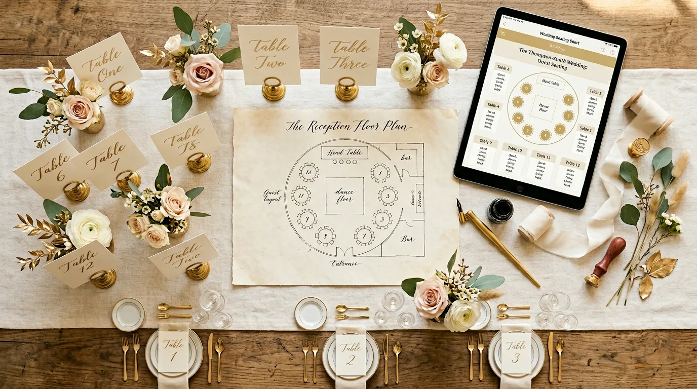 Overhead view of wedding seating chart layout with table cards, floor plan, and digital seating app on tablet