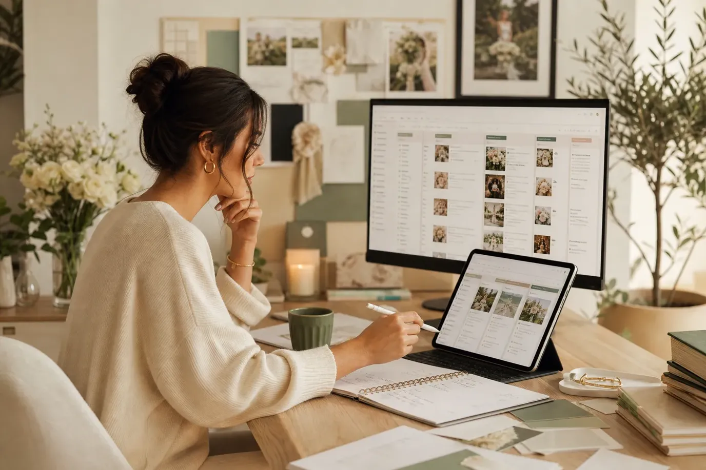 Couple and planner reviewing an Airtable wedding planning base on a laptop