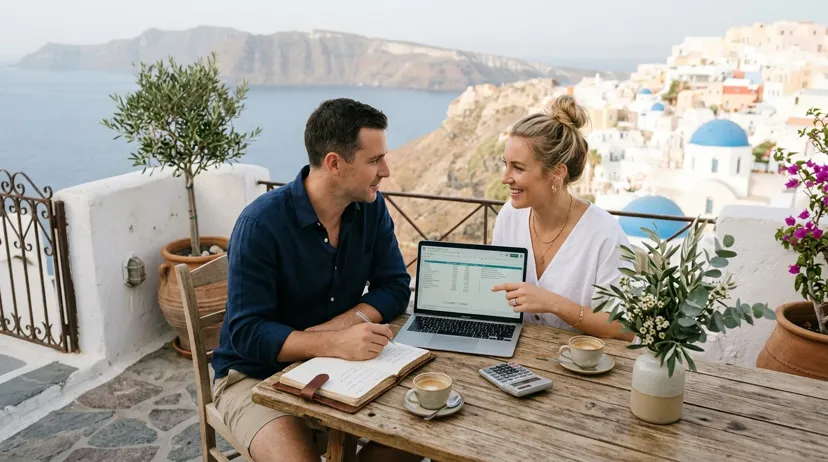 Couple reviewing wedding budget on a laptop with a notebook and calculator on the table