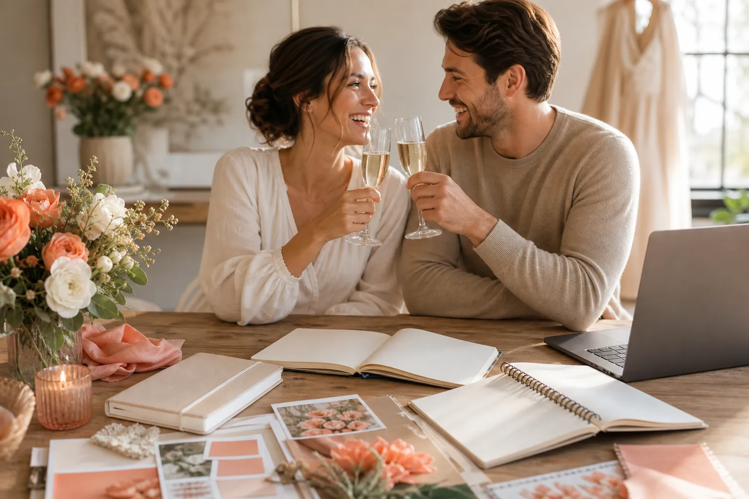 Couple starting their wedding planning with notes, laptop, calendar, and venue research