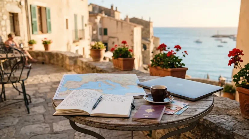 Wedding planning notebook, passport and euros on a Mediterranean cafe table outside the United States