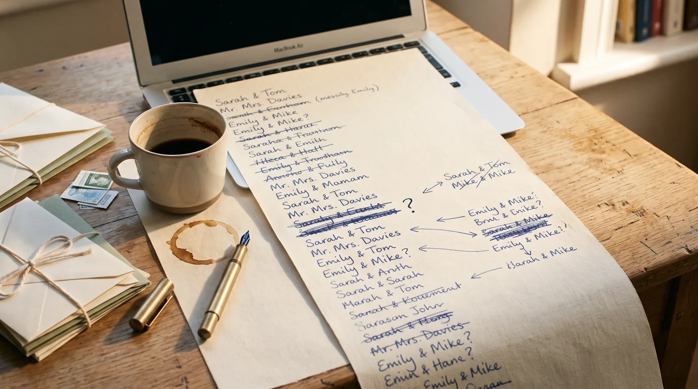Long handwritten wedding guest list with names crossed out, beside a laptop and cold coffee