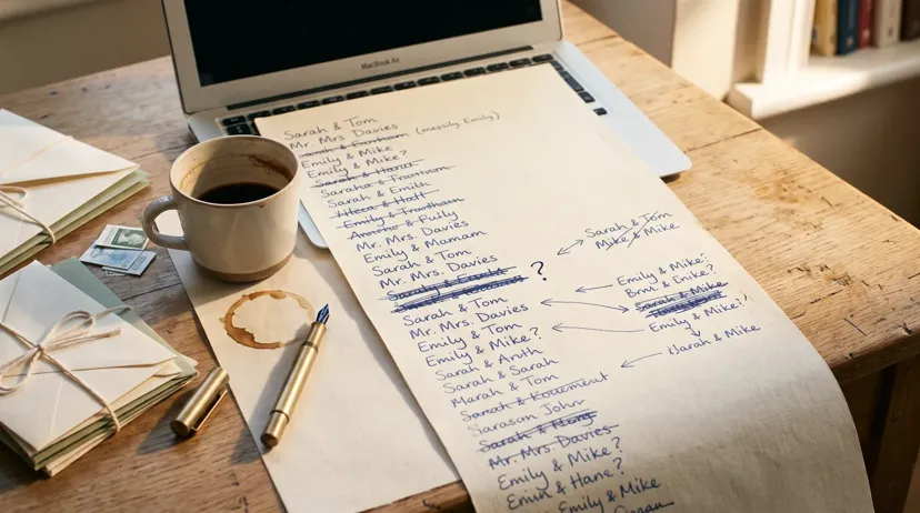 Long handwritten wedding guest list with names crossed out, beside a laptop and cold coffee