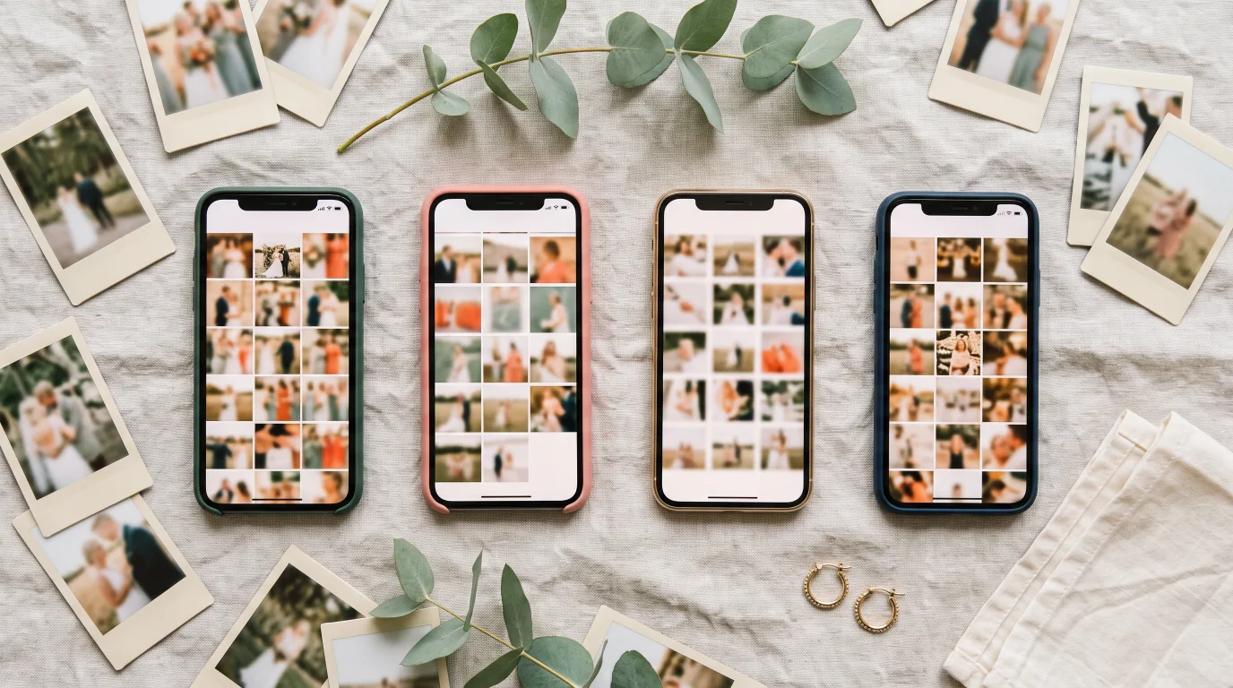 Four phones side by side showing different wedding photo sharing app galleries