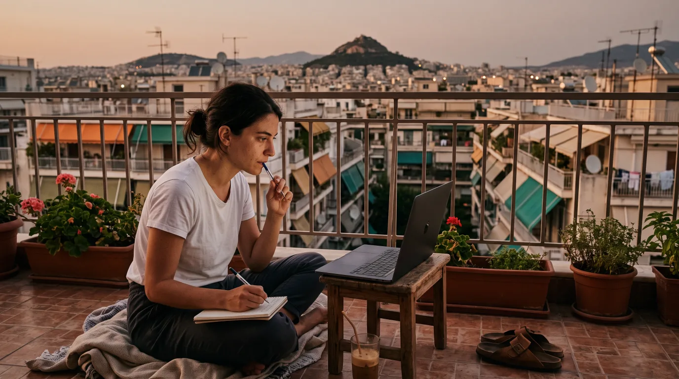 Woman comparing Greek wedding planning platforms on a laptop on an Athens balcony at dusk