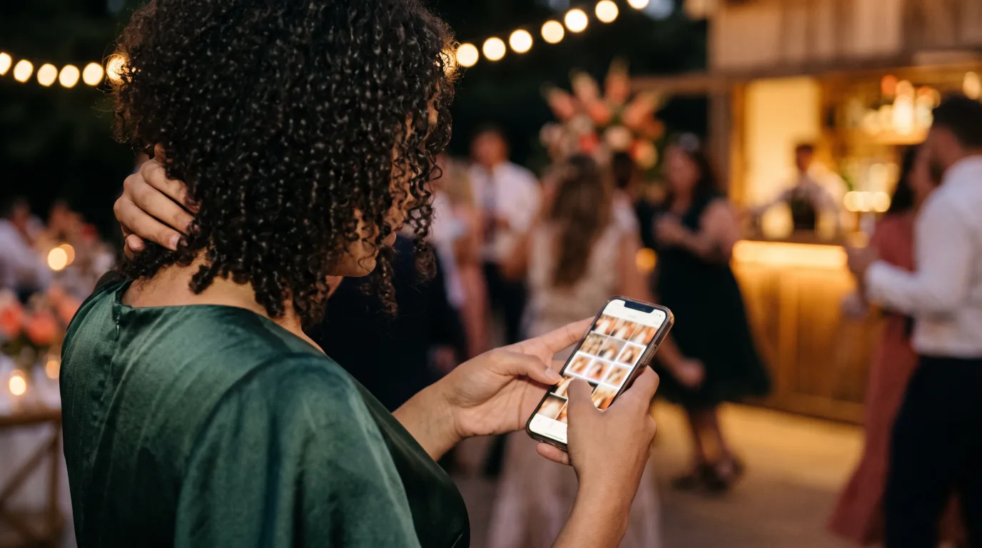 Wedding guest finding photos of herself on her phone using guest photo face matching