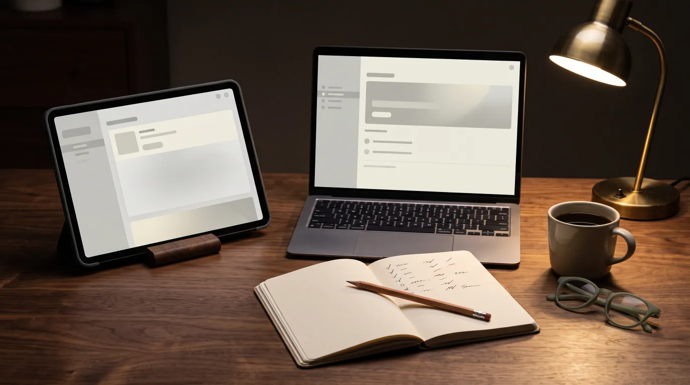 Tablet and laptop side by side on a desk while comparing two wedding platforms