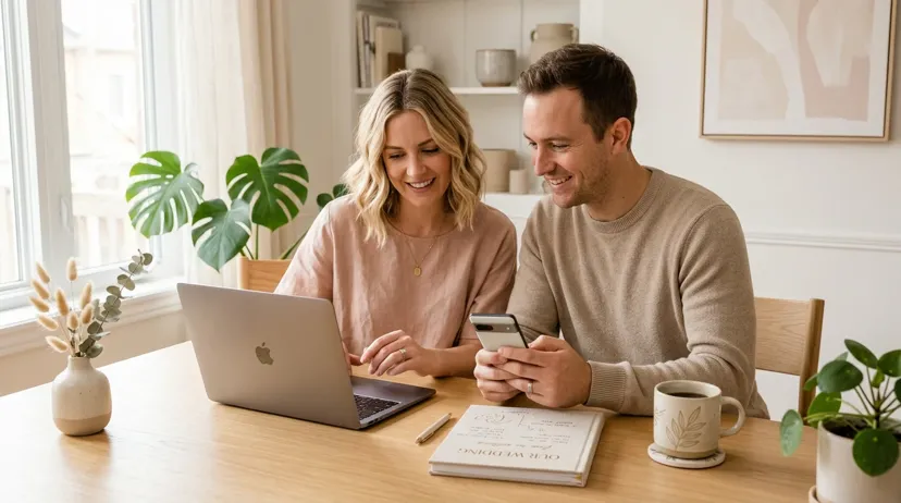 Couple comparing wedding planning platforms on laptop and phone