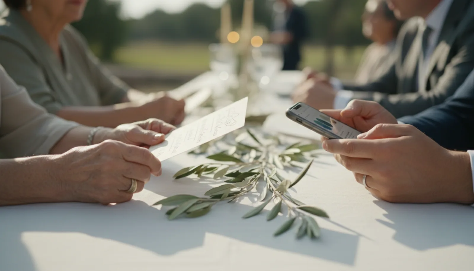Older hands holding a printed wedding card beside younger hands holding a phone at a laid table.