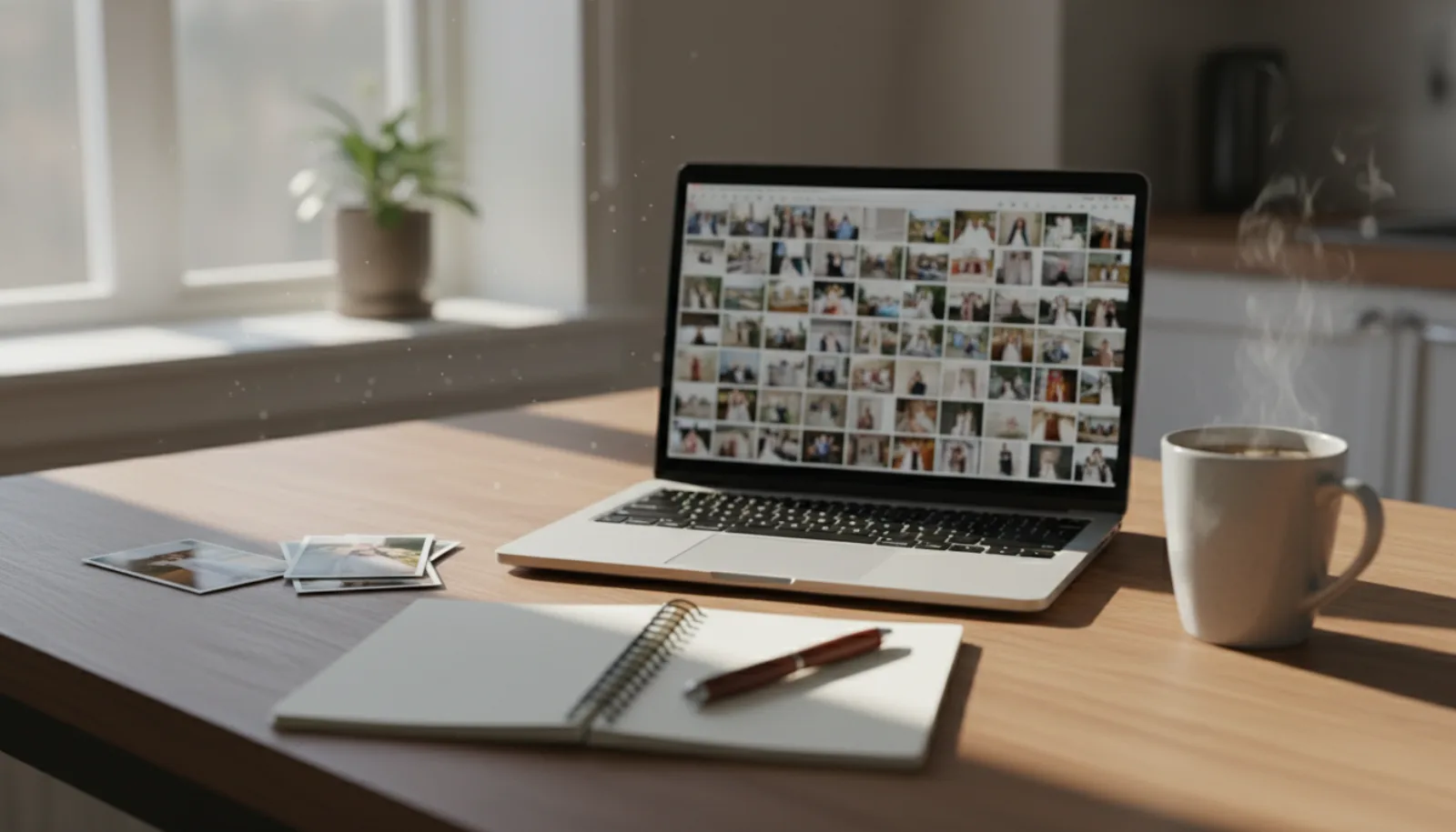 Laptop on a kitchen table showing a grid of wedding photo thumbnails beside a mug and printed photos.
