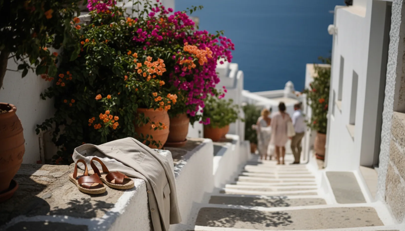 Whitewashed stepped alley on a Greek island with sandals and a linen jacket resting on a wall.
