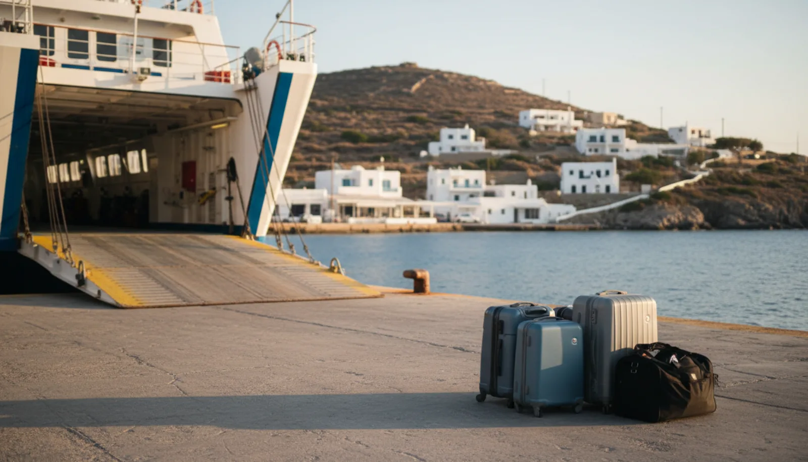 Ferry ramp down at a small Cycladic port at sunset with suitcases waiting on the quay.