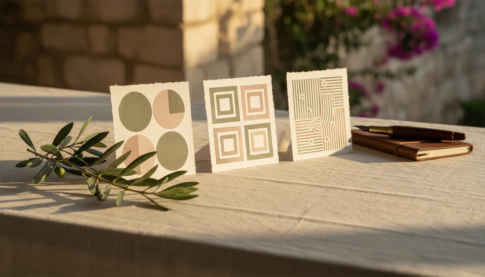 Three small printed event cards in a row on linen beside an olive sprig and a fountain pen.
