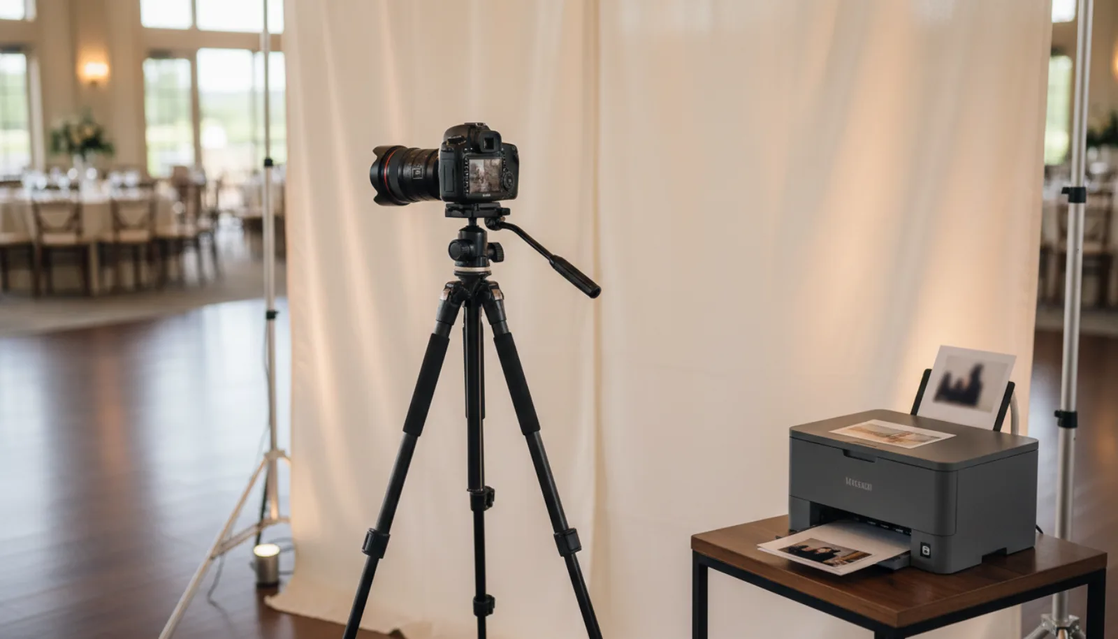 Open-style photo booth camera on a stand facing a plain backdrop with a small printer beside it.