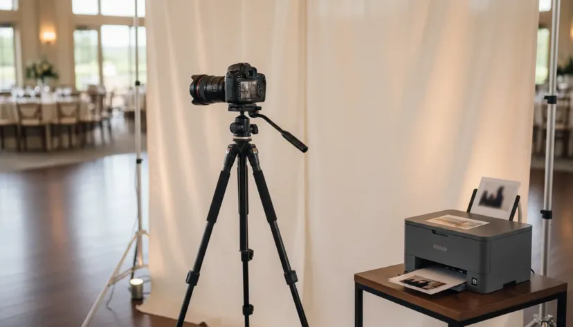 Open-style photo booth camera on a stand facing a plain backdrop with a small printer beside it.