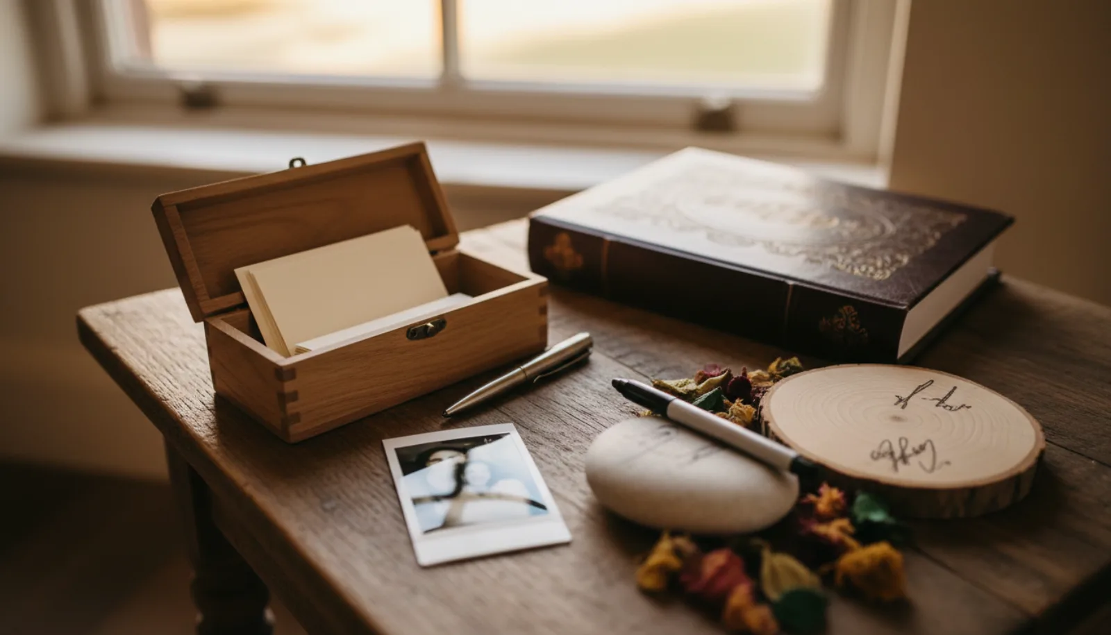 Wedding side table with a card box, an instant photo and a wooden signing disc beside a closed guest book.