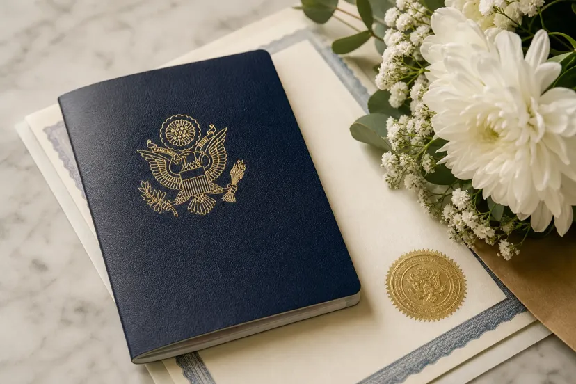 American couple at a Greek civil registry office with paperwork and a bouquet