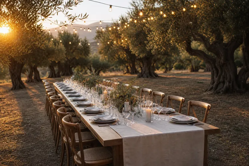 Whitewashed Greek estate terrace with olive grove and Aegean sea view at golden hour