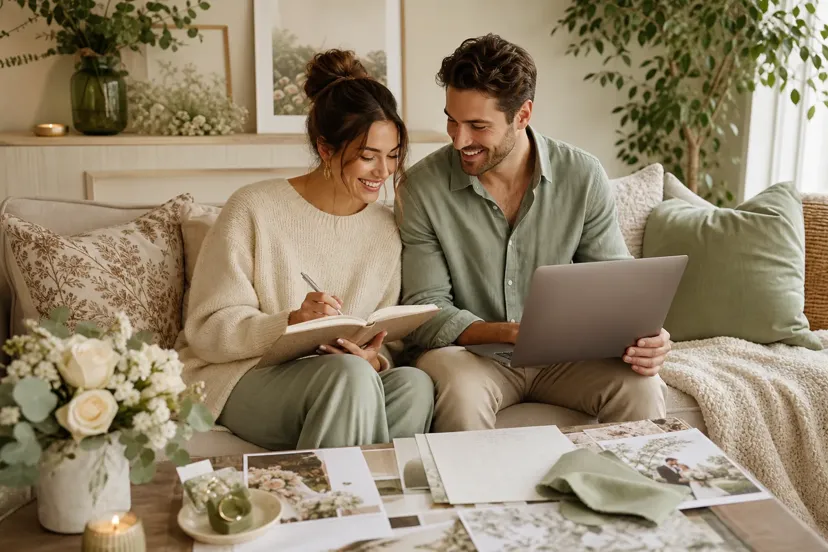 A couple sitting side by side at a kitchen table, both working on a shared wedding plan with a laptop and notebook
