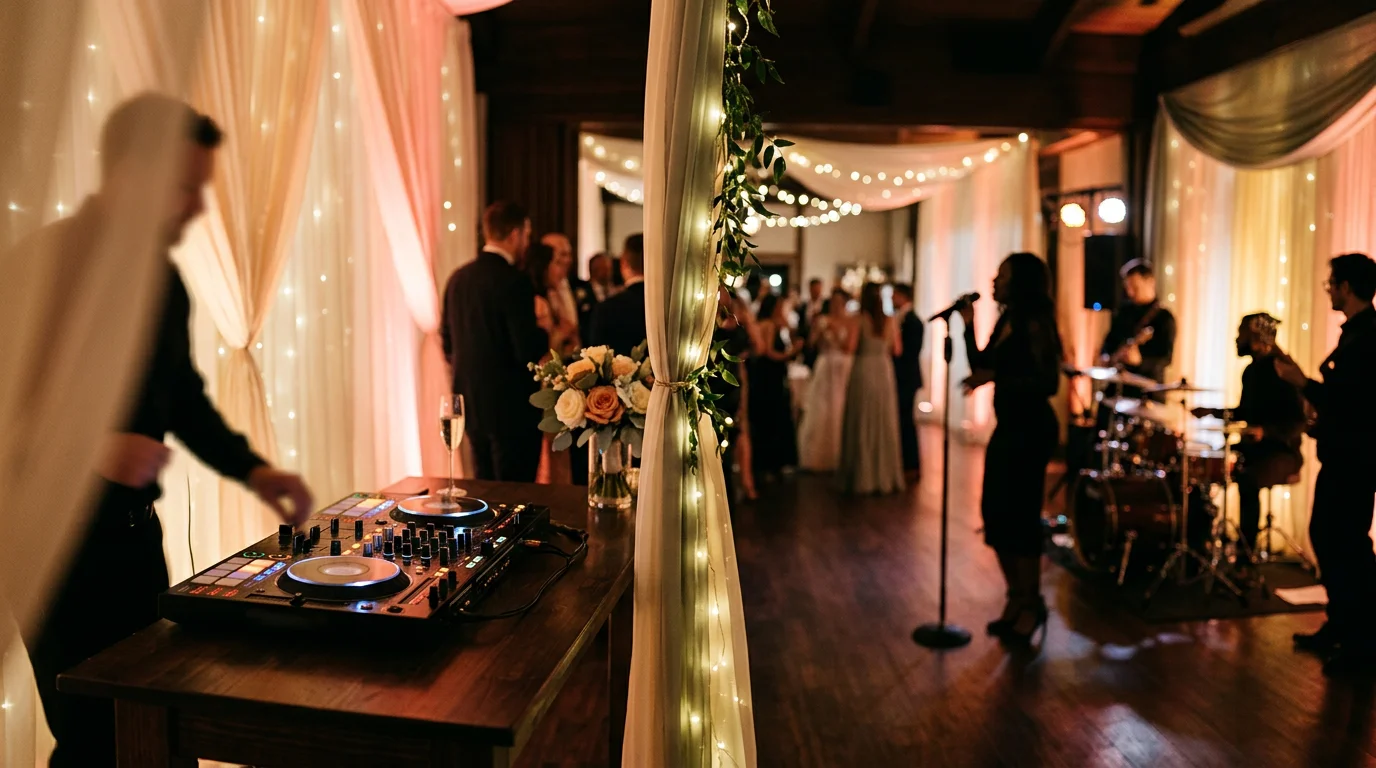Wedding reception music concept blending DJ setup and live band stage lighting