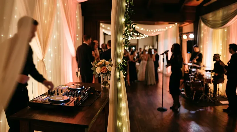 Wedding reception music concept blending DJ setup and live band stage lighting