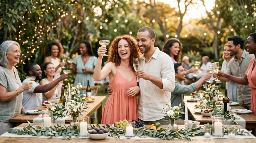 Couple raising a toast at a garden engagement party with friends and family