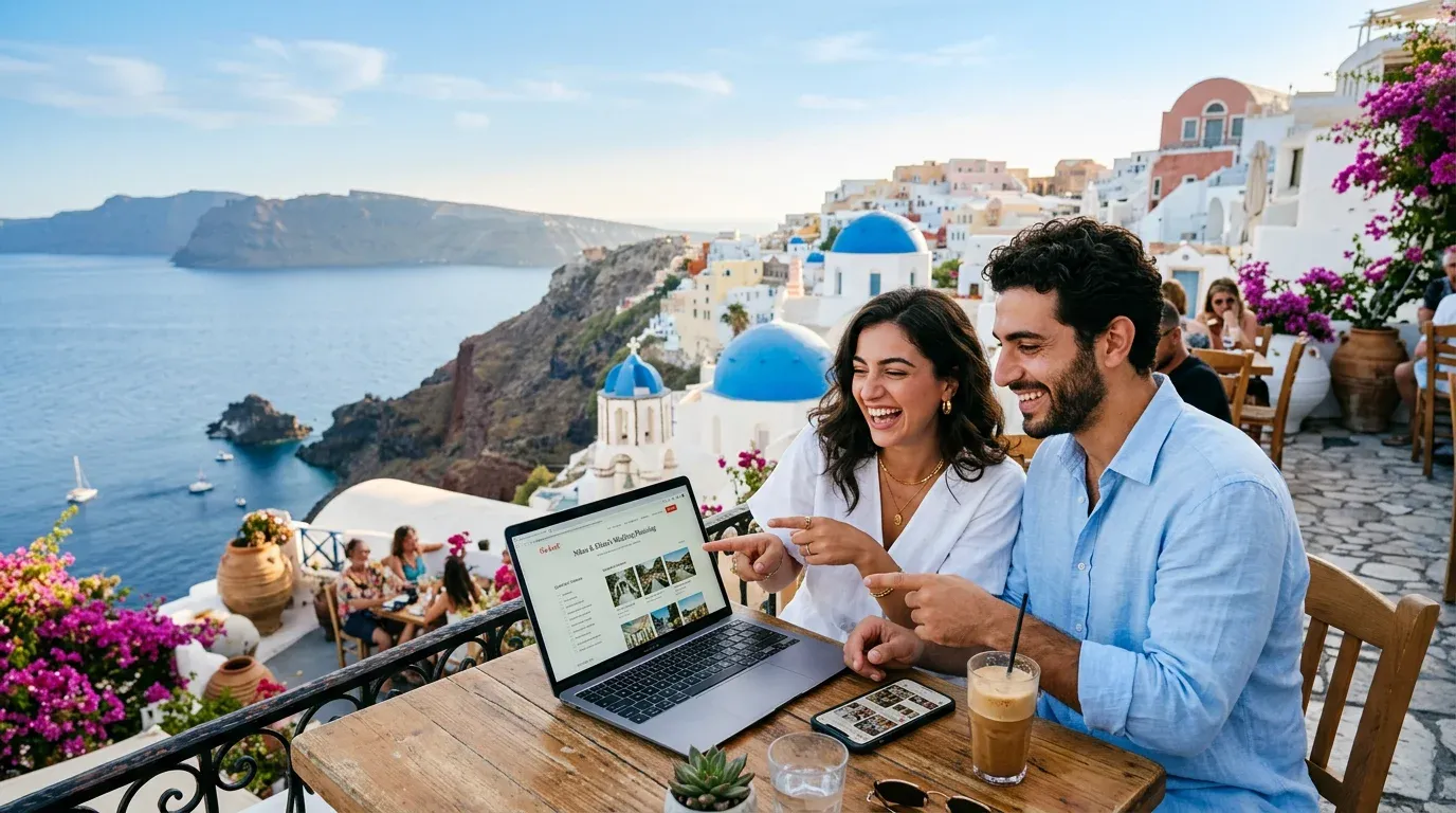Χαρούμενο ζευγάρι σχεδιάζει τον γάμο του με laptop και smartphone σε εξωτερικό χώρο