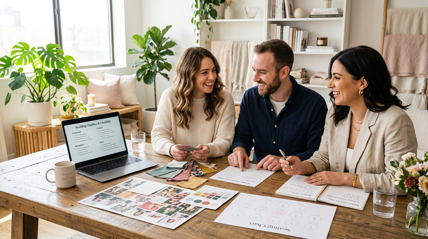Couple reviewing wedding planning notes with planner at a table