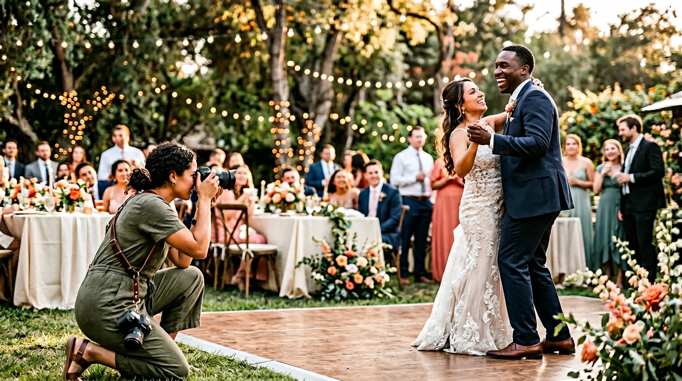 Wedding photographer framing a shot as couple dances at outdoor reception