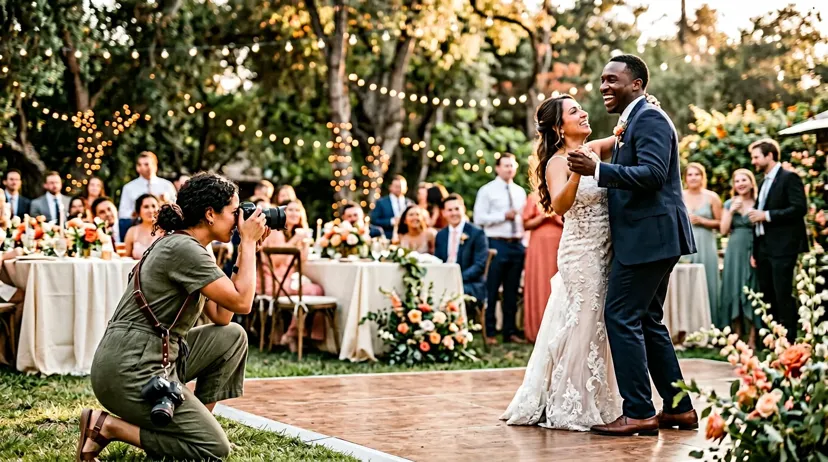 Wedding photographer framing a shot as couple dances at outdoor reception