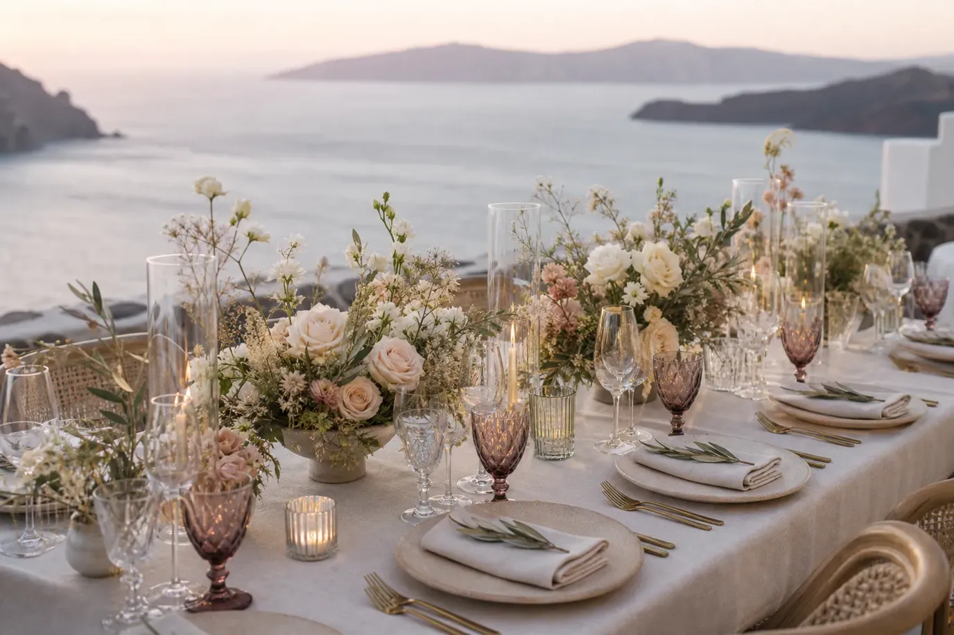 Intimate wedding celebration on a Greek island terrace with Aegean sea view