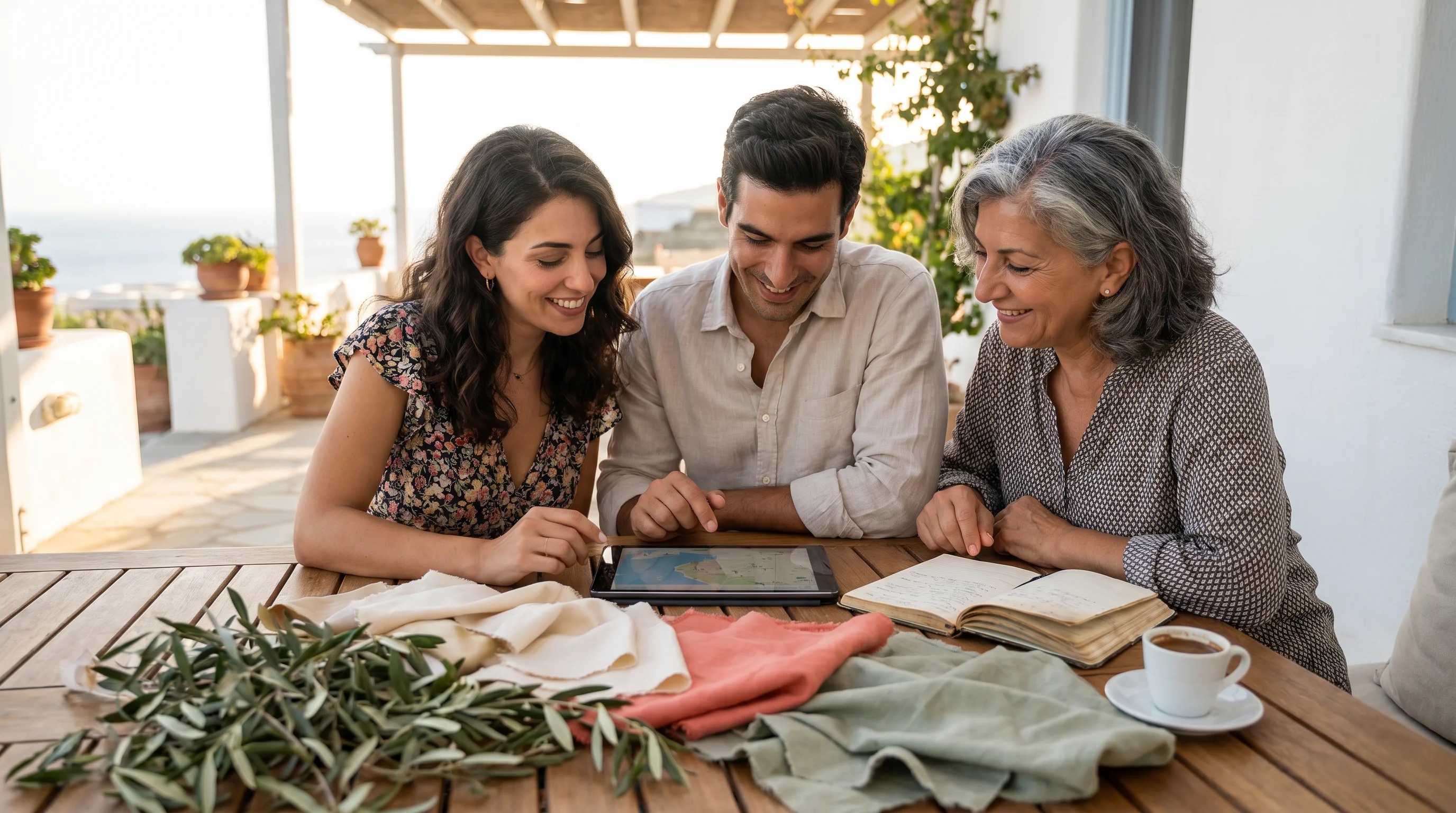 Ένα ζευγάρι και μια wedding planner σχεδιάζουν τη ροή της ημέρας σε tablet σε ένα ηλιόλουστο μεσογειακό τραπέζι