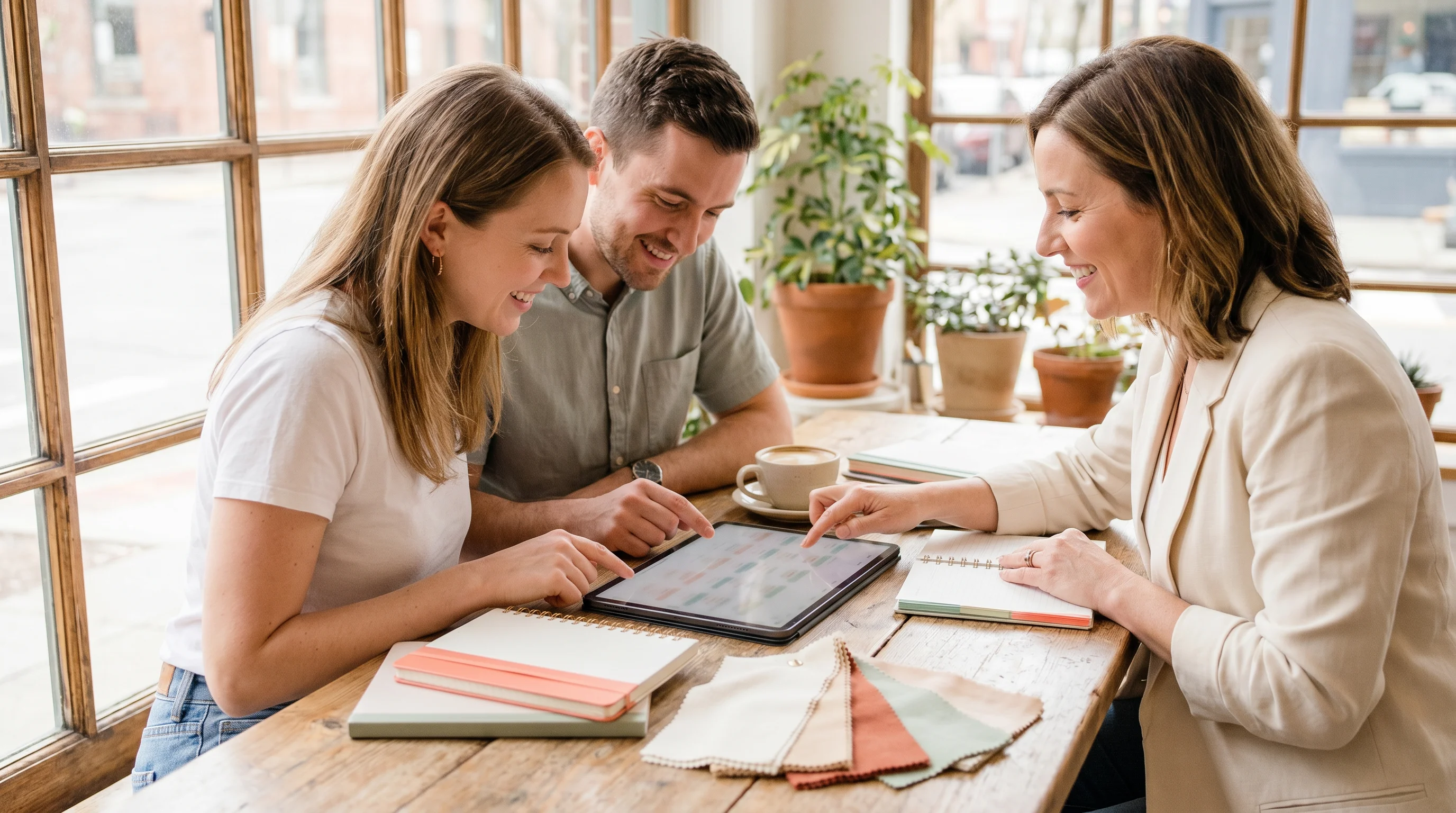 An engaged couple and a wedding planner mapping the day's flow on a tablet at a bright table
