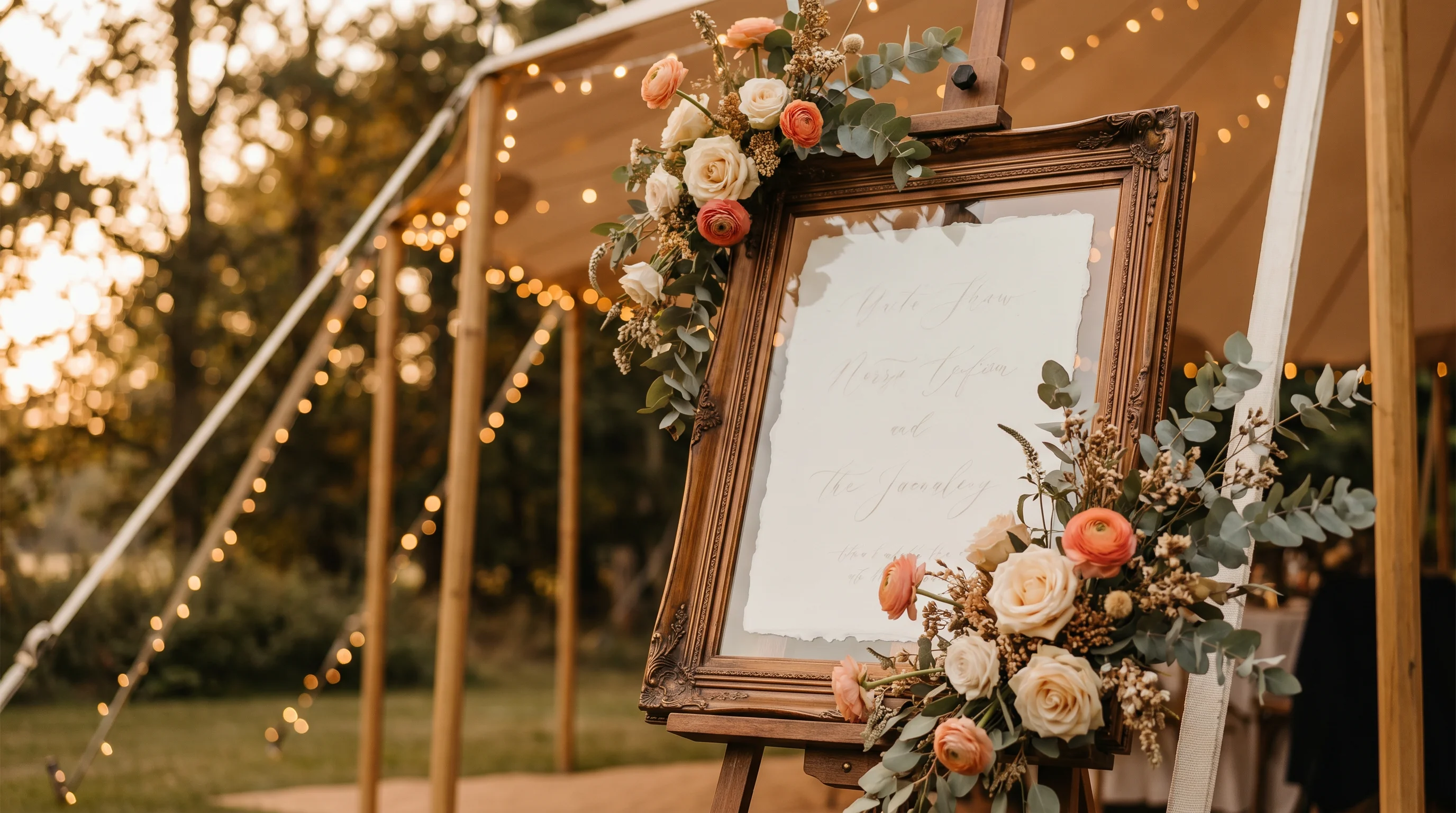 Elegant order-of-the-day wedding timeline display at a reception