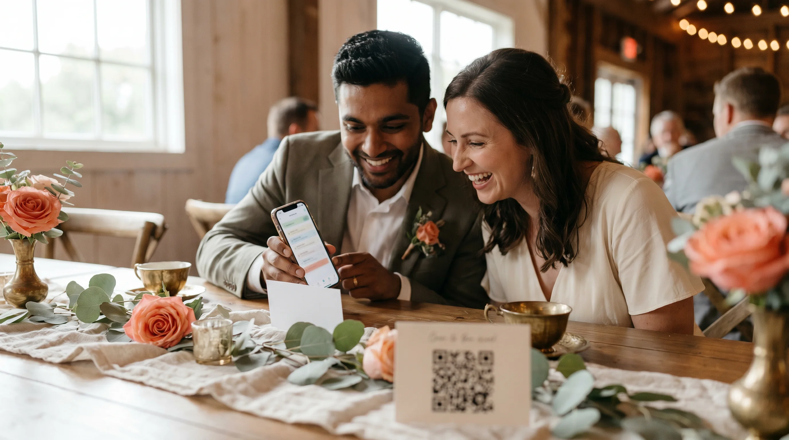 Two wedding guests scanning a QR code card on a styled table to view the day's schedule on a phone